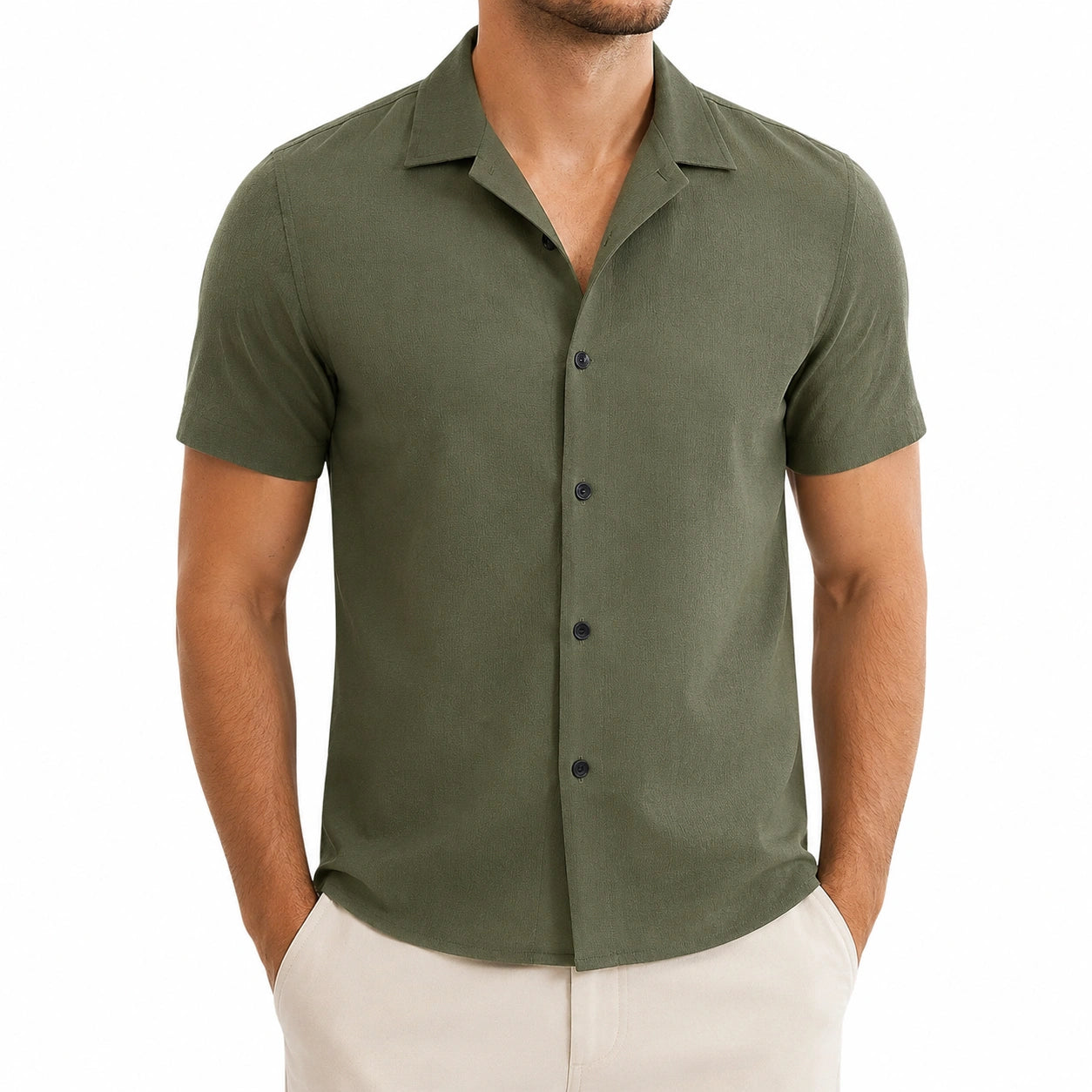 Chemise homme M vert kaki à manches courtes col ouvert style décontracté