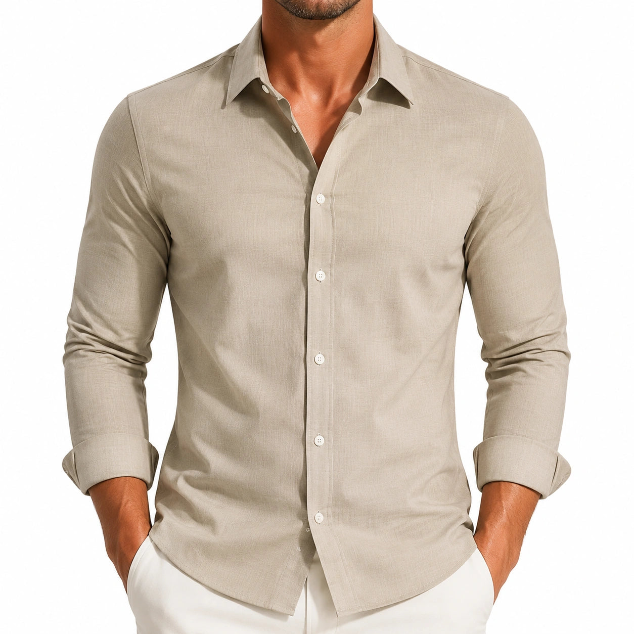 Chemise homme M beige à manches longues coupe ajustée