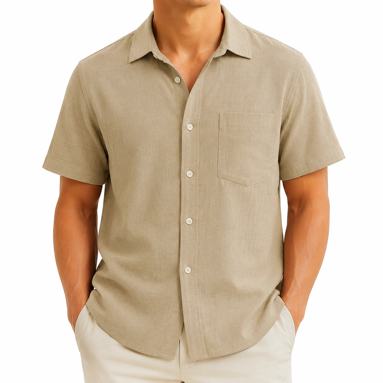 Chemise homme taille L en tissu effet lin beige à manches courtes style décontracté