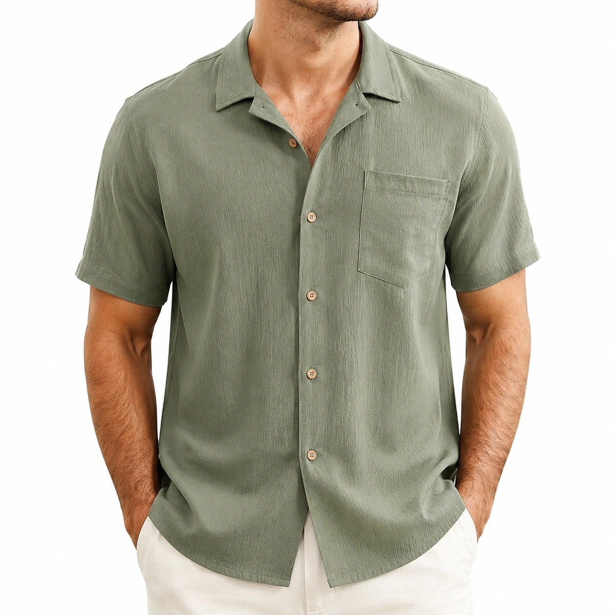 Chemise homme taille L vert kaki manches courtes col ouvert coupe décontractée