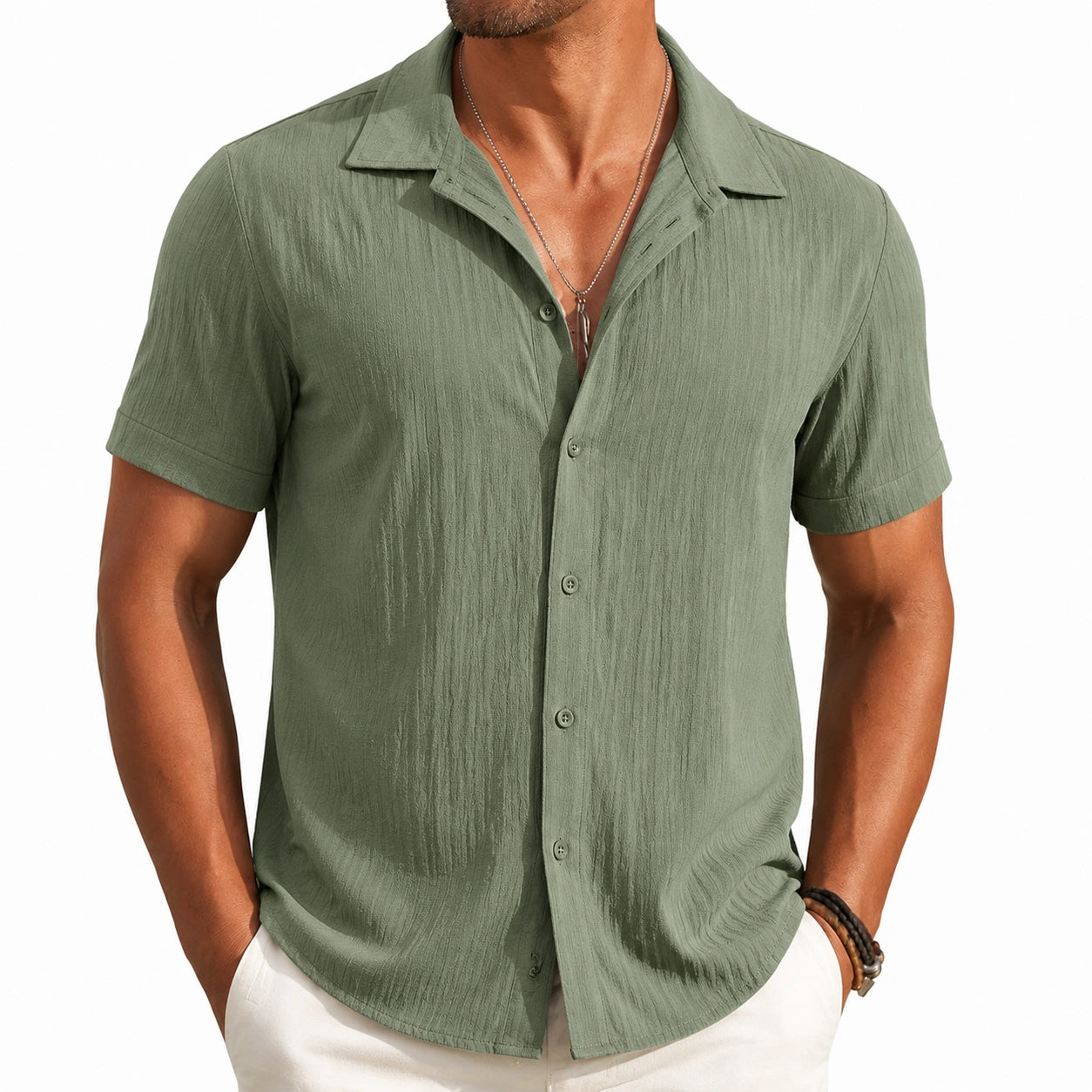 Chemise homme XL vert kaki à manches courtes coupe décontractée