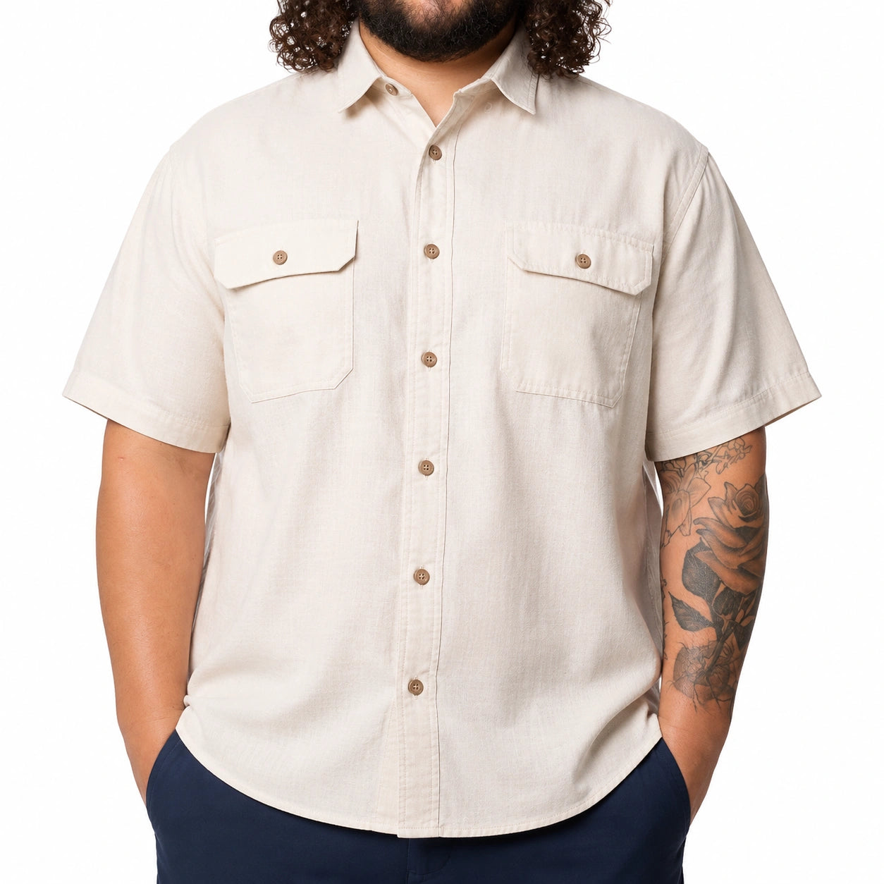 Chemise homme XL beige à manches courtes avec poches poitrine