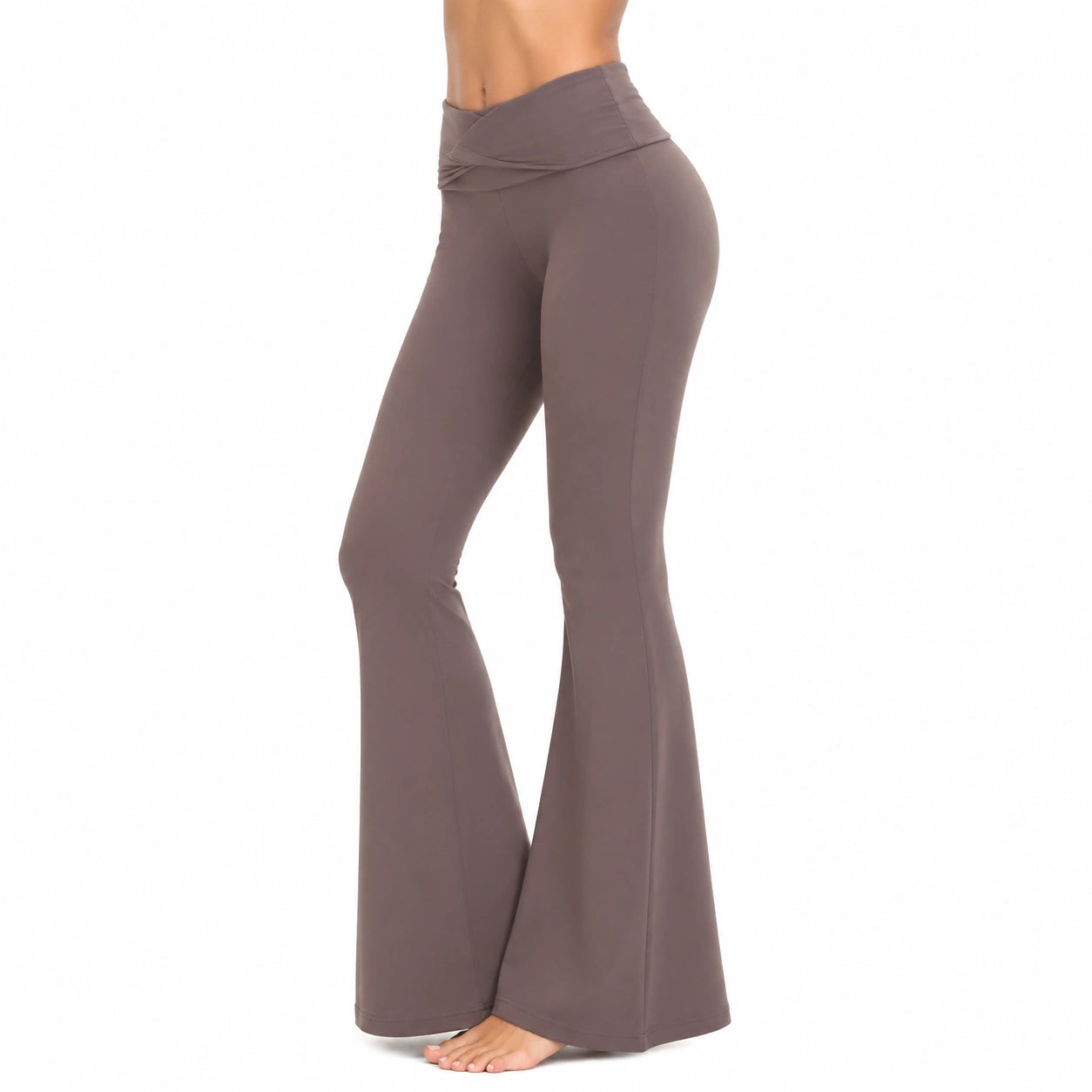 Pantalon femme M extensible marron taille haute évasé