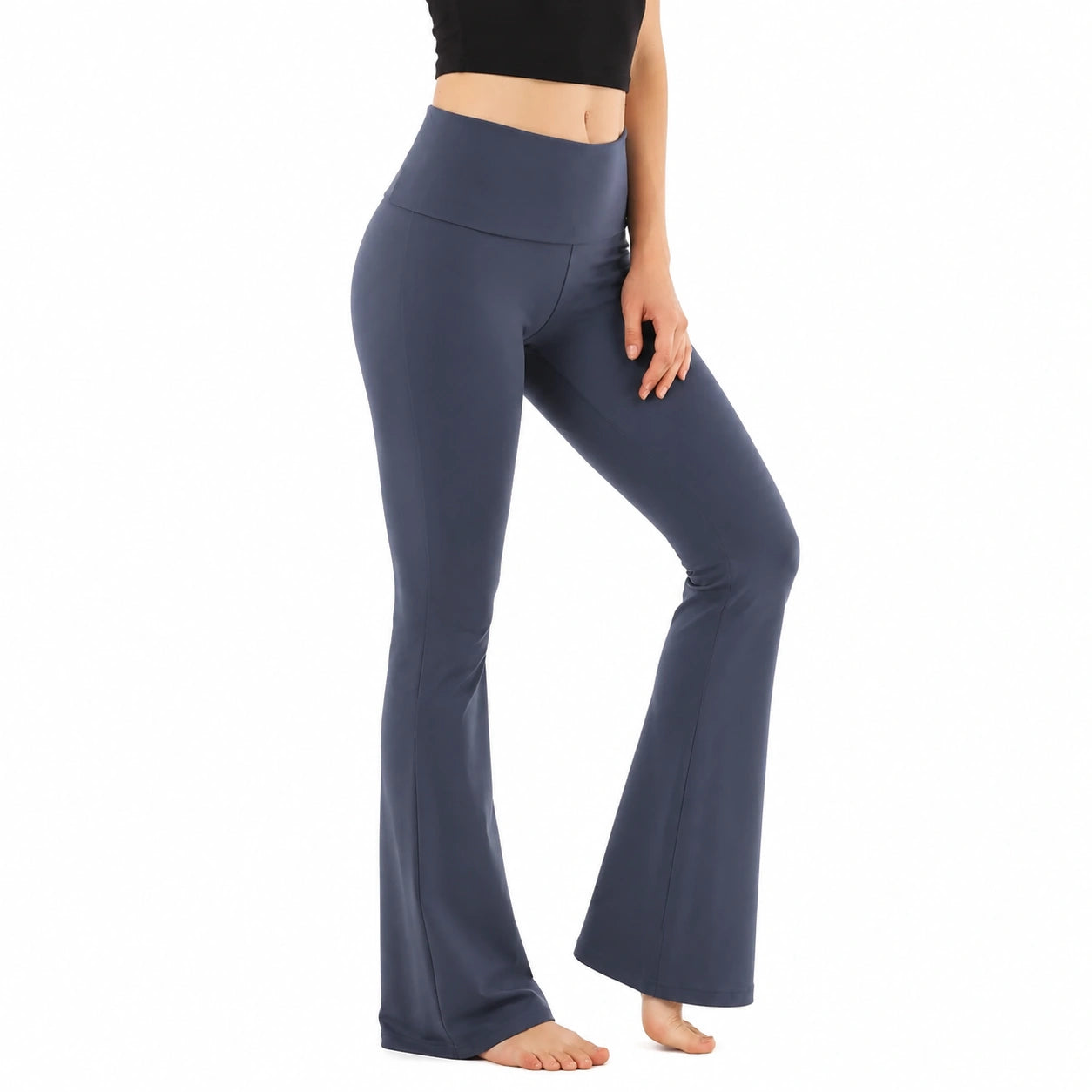 Pantalon de yoga évasé femme M bleu marine en tissu extensible taille haute