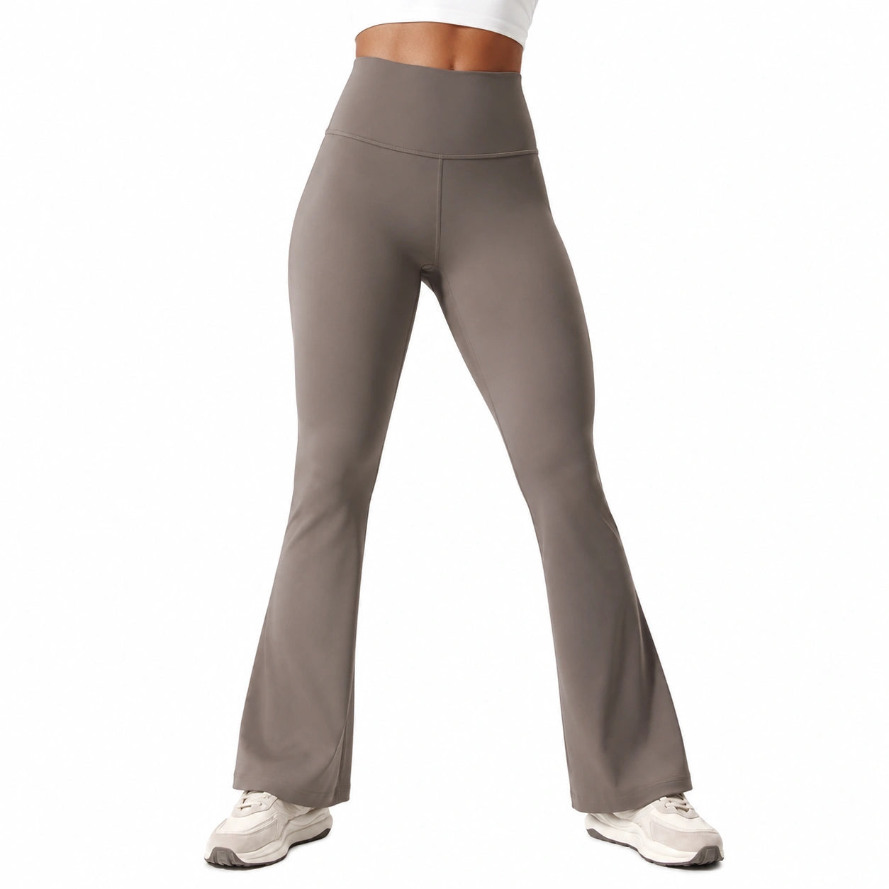Legging femme L en tissu extensible taupe pour yoga coupe évasée