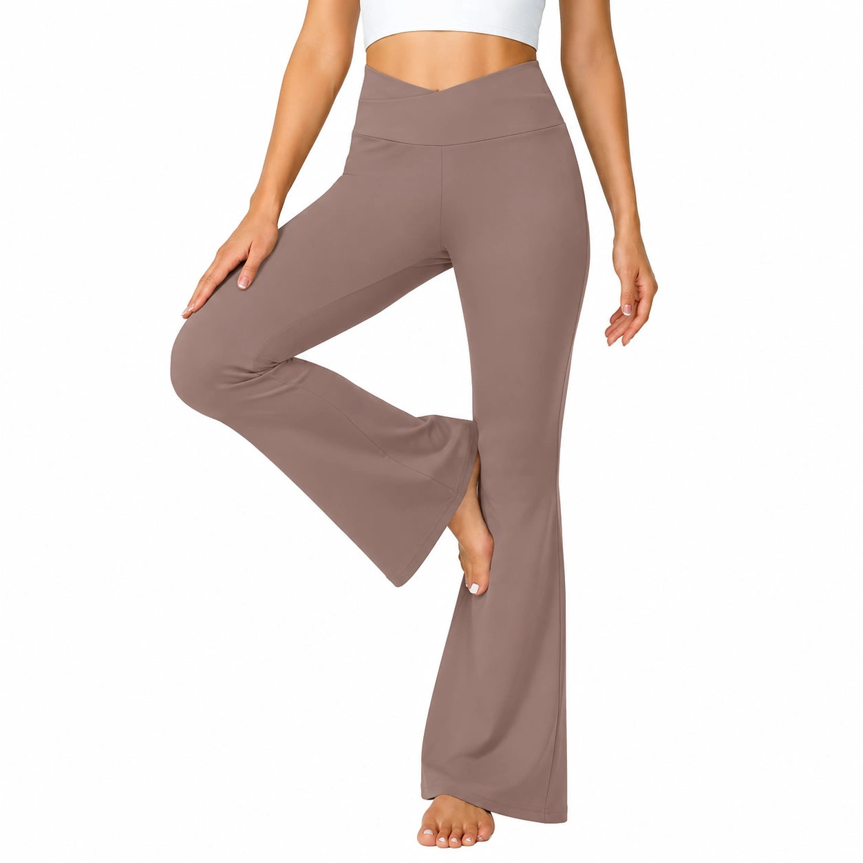 Pantalon de yoga femme S en tissu extensible taupe taille haute coupe évasée