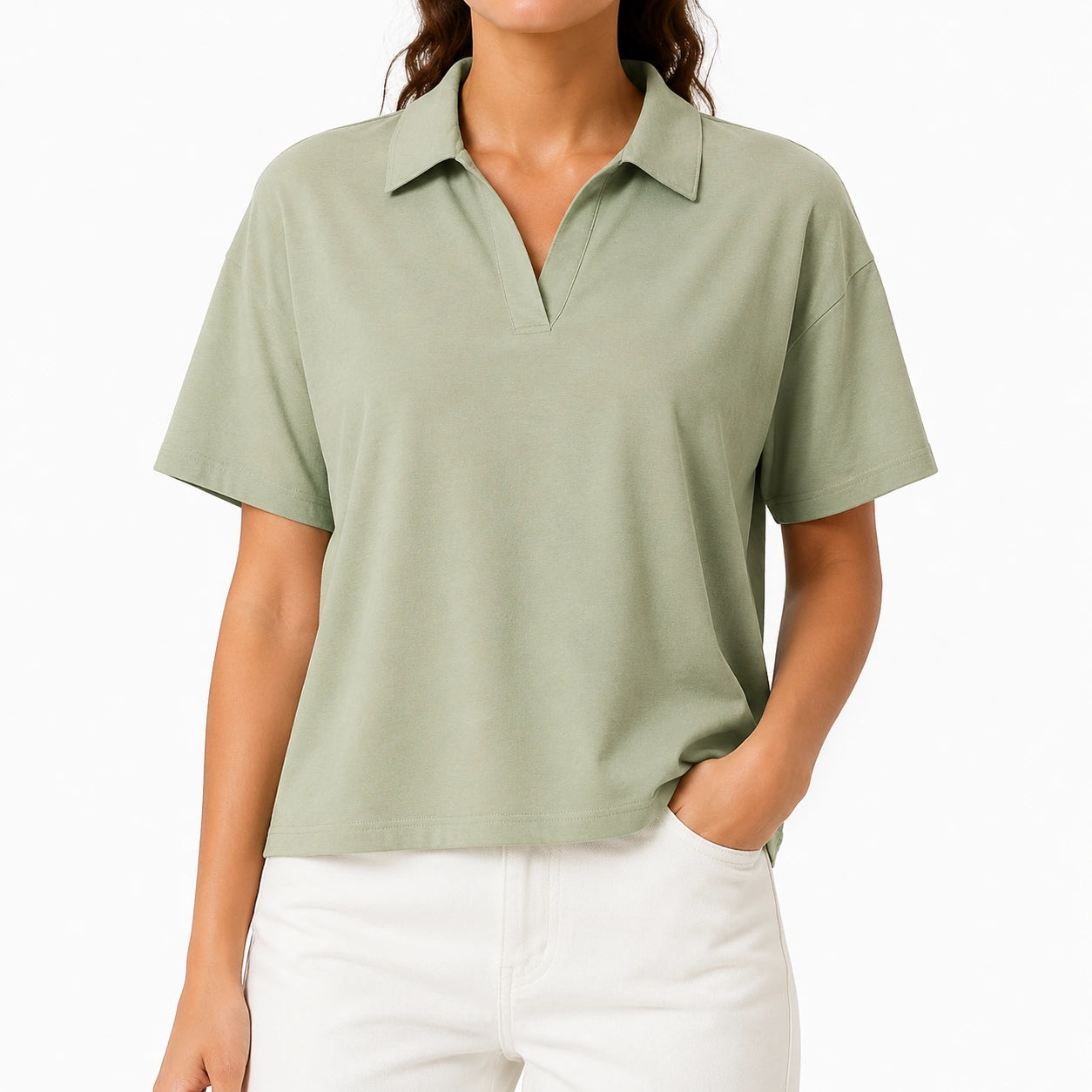 Polo femme taille L vert sauge en coton à manches courtes coupe ample