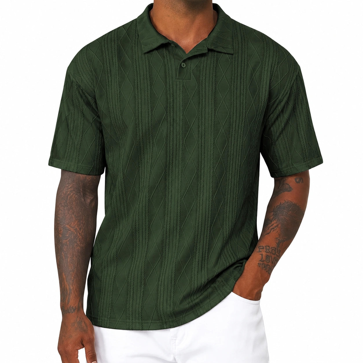 Polo homme taille M vert foncé à manches courtes motif texturé style décontracté