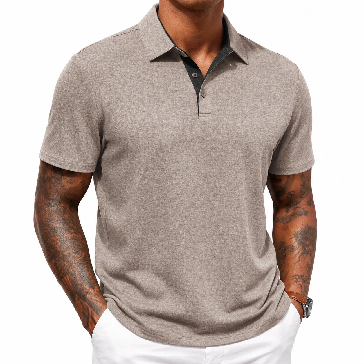 Polo homme taille M taupe en tissu texturé à col contrasté style décontracté