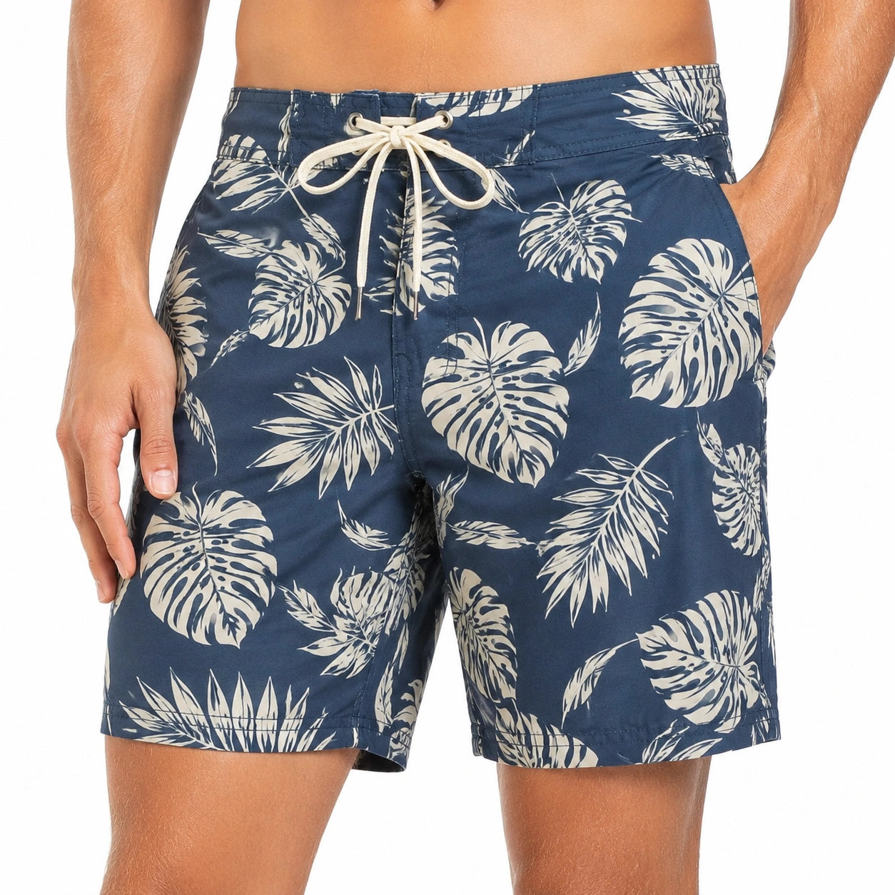 Short de bain homme taille L bleu marine à motif feuilles avec cordon de serrage