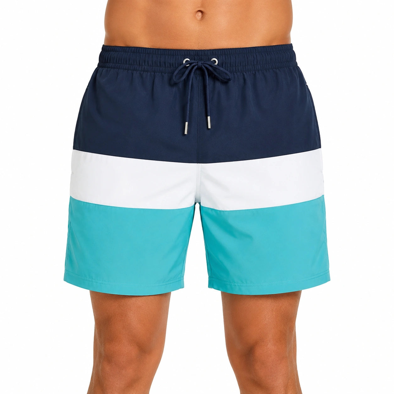 Short de bain homme L en tissu synthétique bleu marine blanc turquoise à cordon de serrage