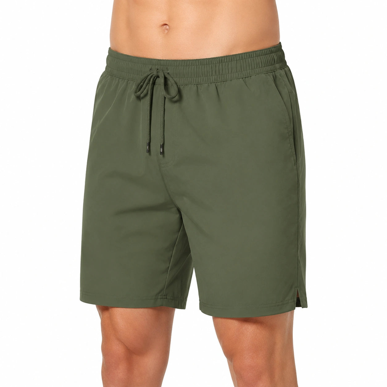 Short de bain homme XL en tissu synthétique vert kaki - taille élastiquée à cordon