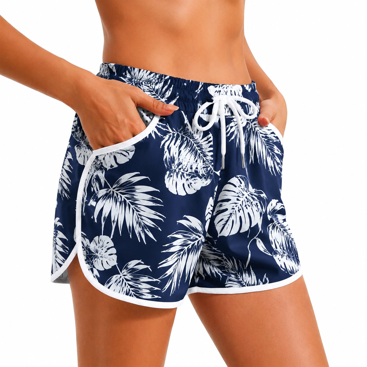 Short de bain femme M bleu marine blanc à motif tropical avec poches