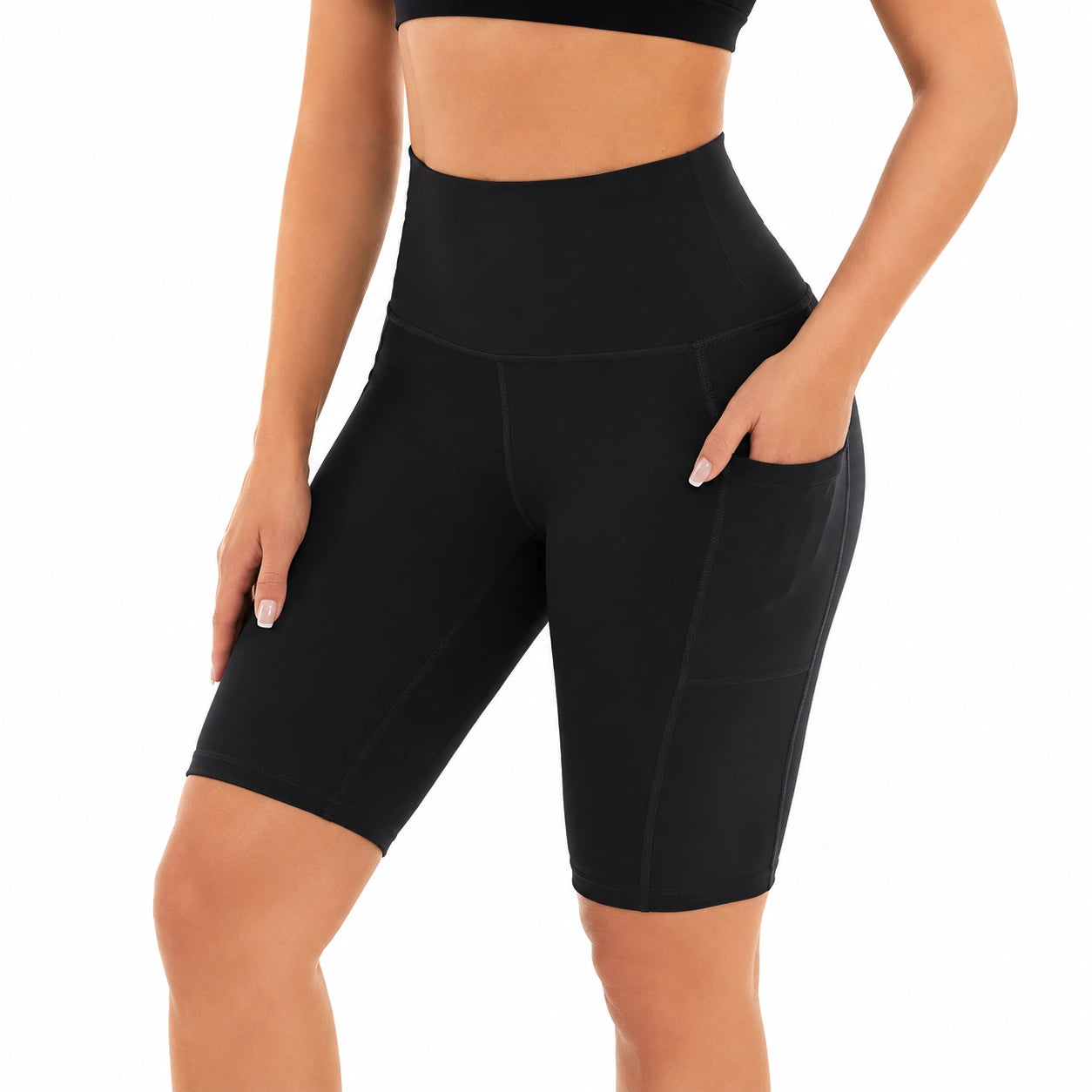 Short cycliste femme S noir taille haute en tissu extensible avec poche sport