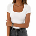 T-shirt femme taille S blanc côtelé à manches courtes coupe ajustée