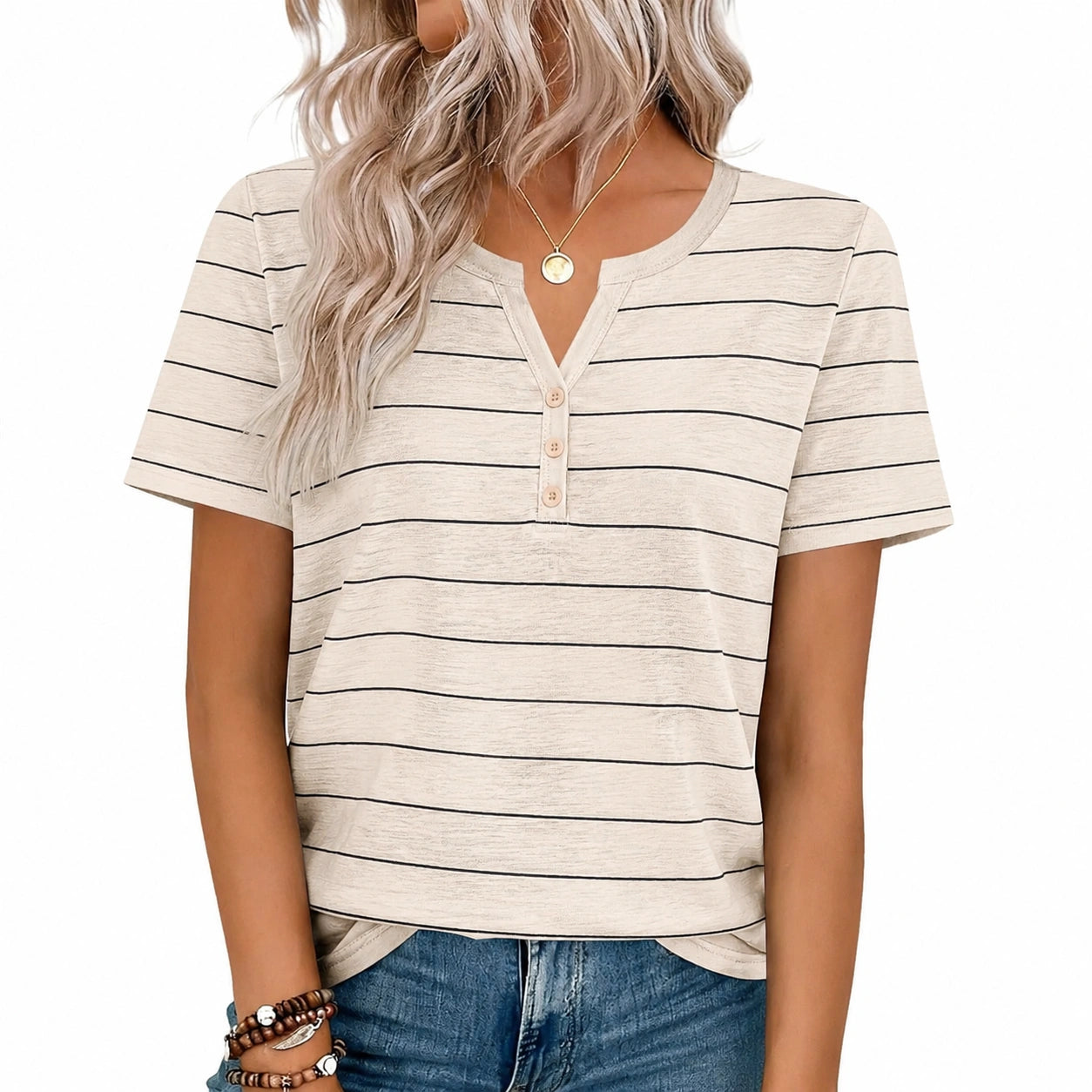 T-shirt femme M beige rayé à manches courtes style décontracté