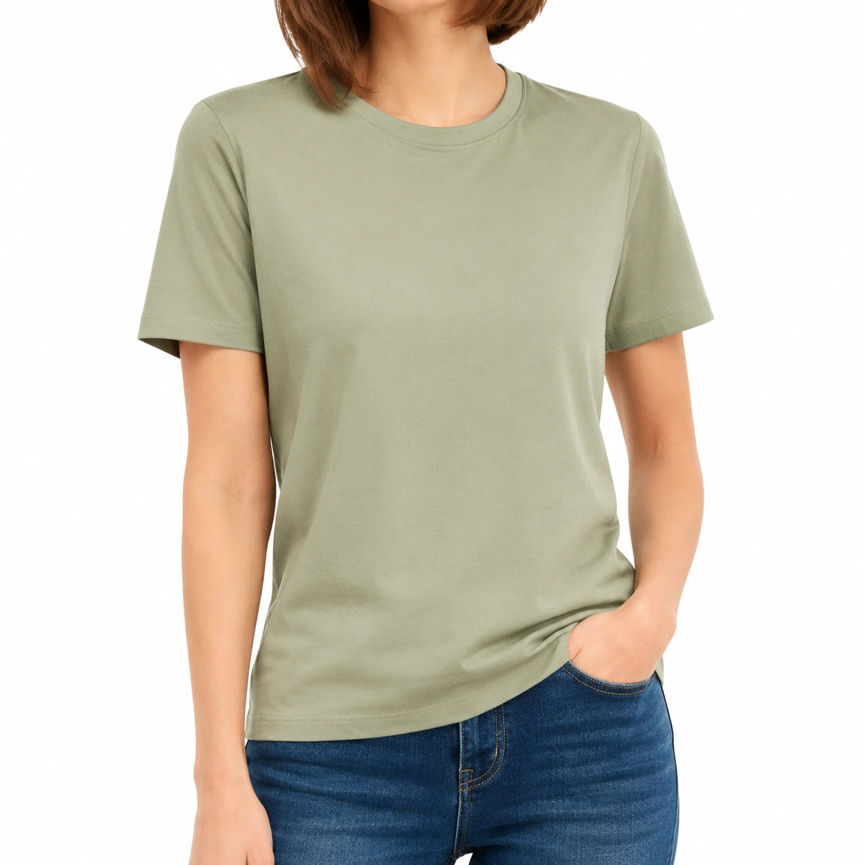 T-shirt femme M vert sauge à manches courtes coupe droite
