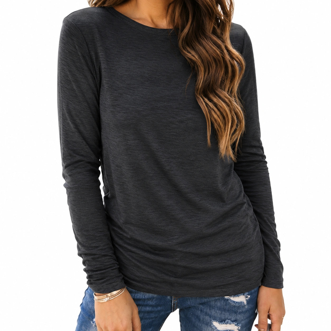 T-shirt femme manches longues L tissu chiné noir style décontracté