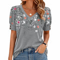 T-shirt femme taille S gris à fleurs col V manches courtes