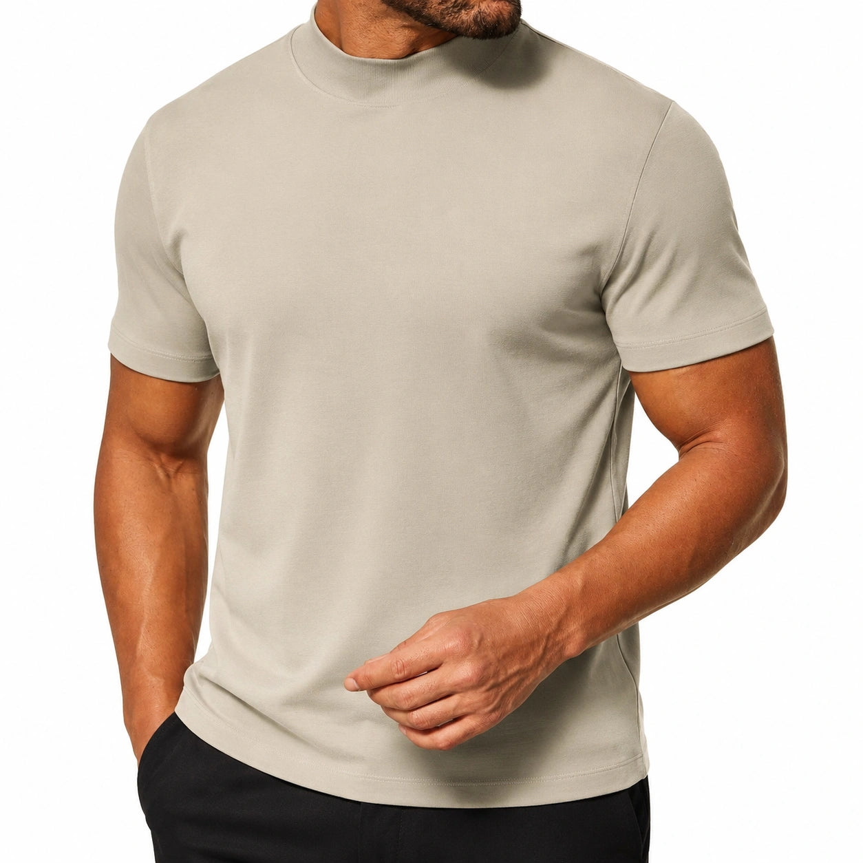 T-shirt homme M en tissu beige à col montant coupe ajustée