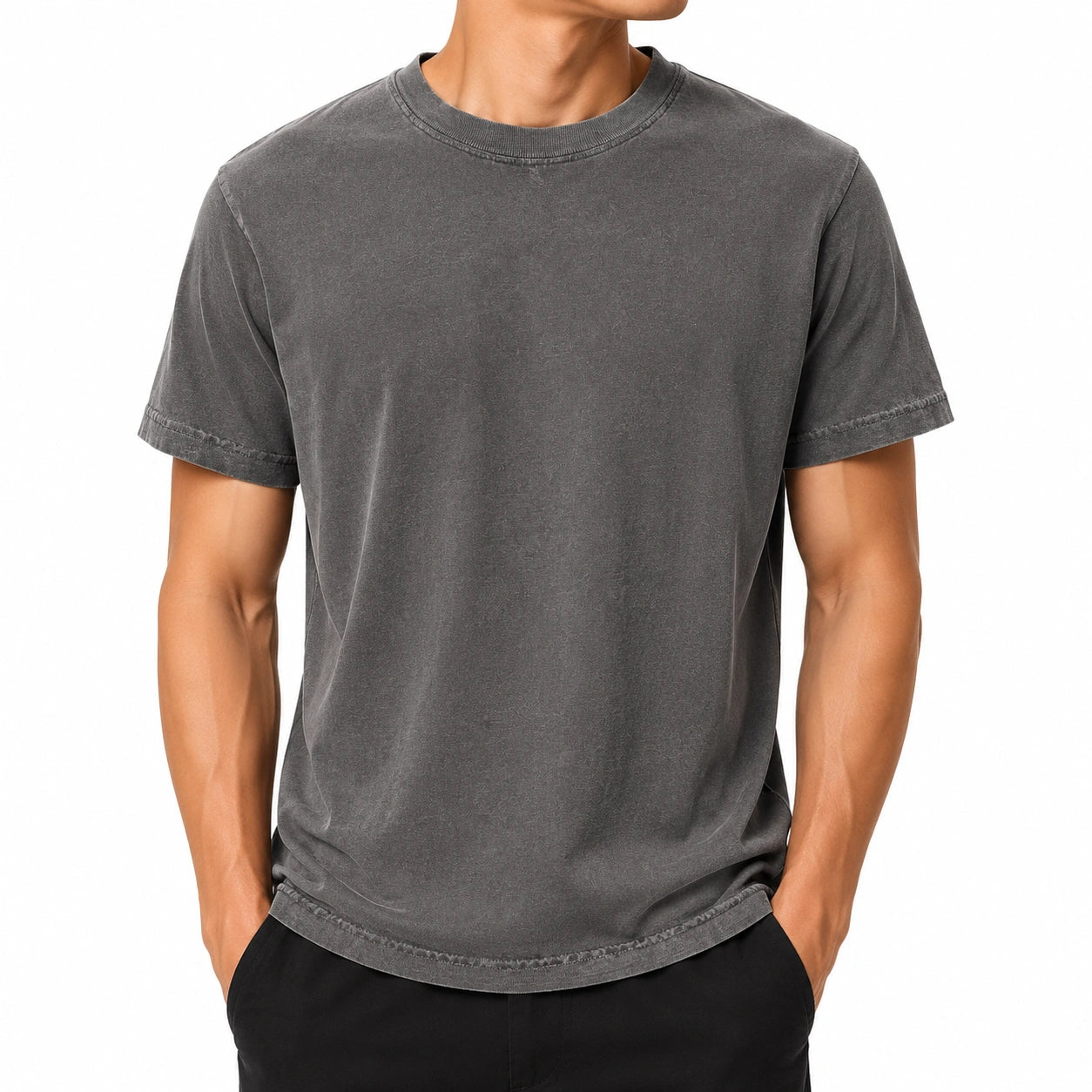 Tee-shirt homme XL en coton gris délavé à manches courtes col rond décontracté