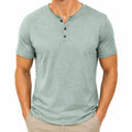 T-shirt homme M en jersey vert sauge à col tunisien manches courtes