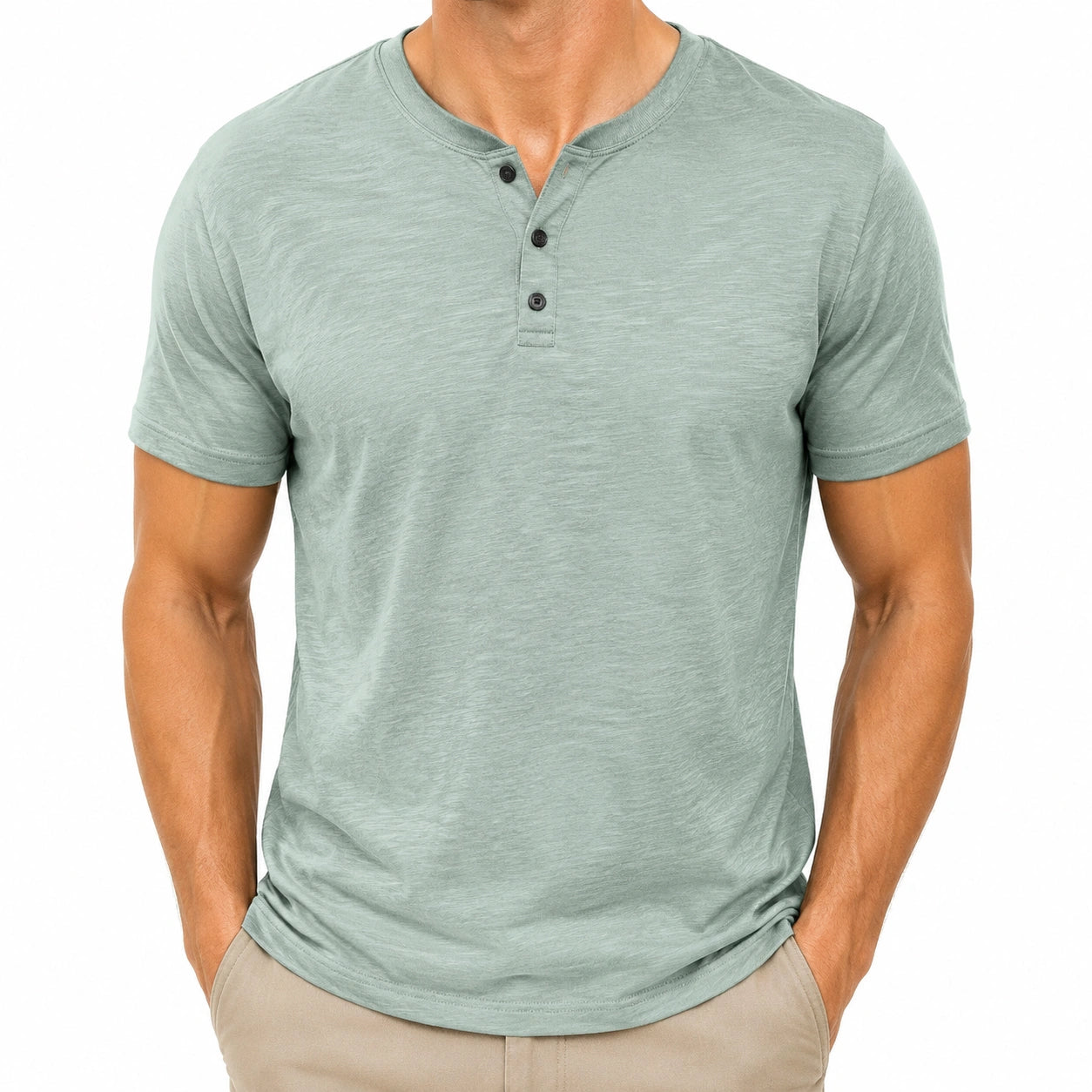 T-shirt homme M en jersey vert sauge à col tunisien manches courtes